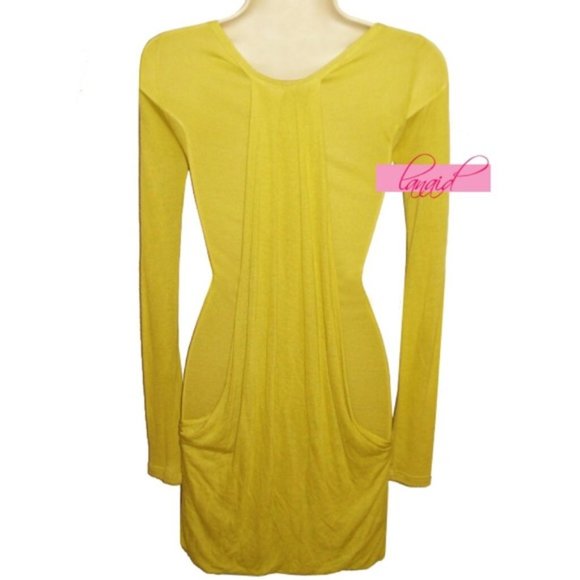 Nordstrom Mustard Blouson Scoop Draped Ruched Wrap Long Sleeve Mini Dress Tunic - Picture 2 of 5